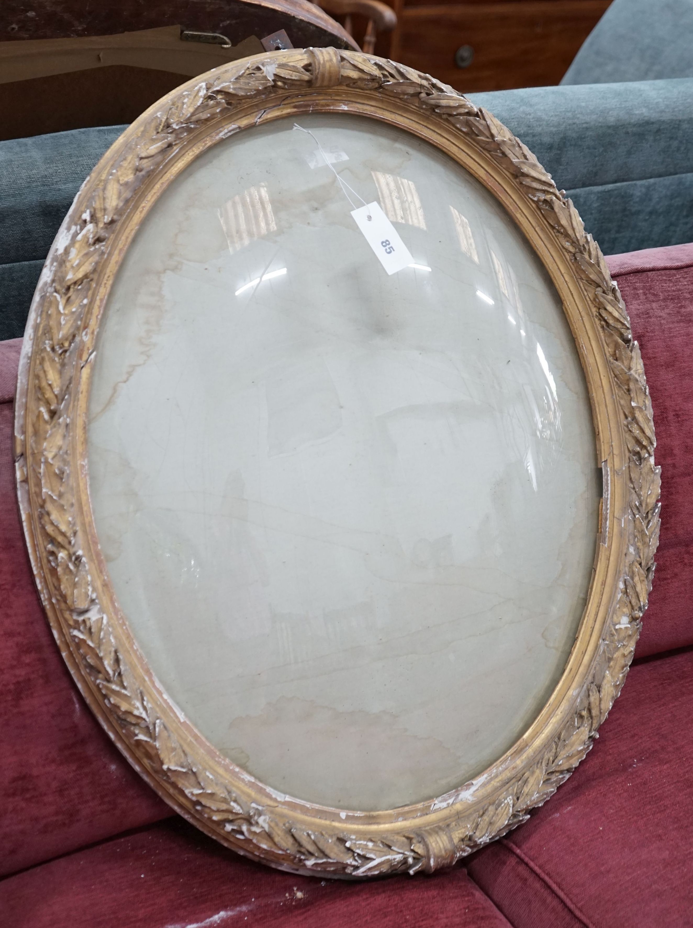 A Victorian oval gilt gesso display frame, width 66cm, height 80cm